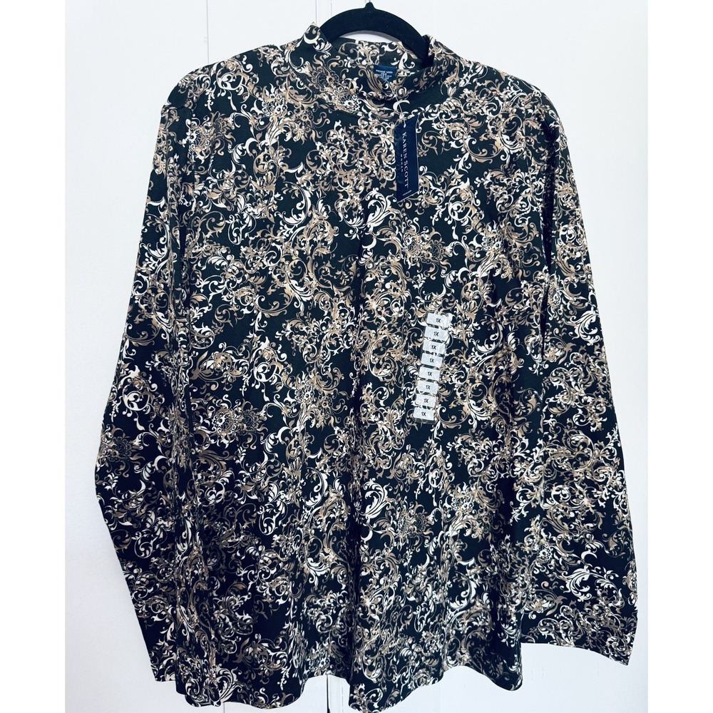 Karen Scott Woman 1X NWT Mock Neck Top Black Tan Scroll 100% Cotton Long Sleeve